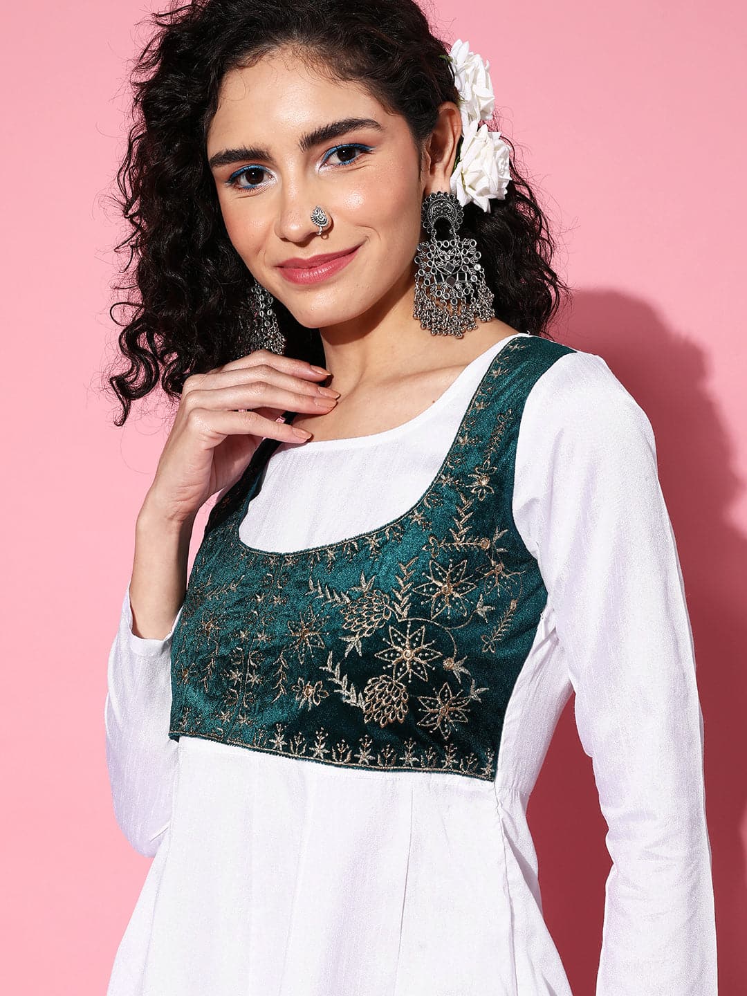 Lyush Women's White Velvet Embroidered Jacket Anarkali Dress - Distacart