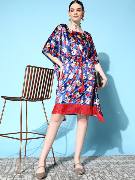 Lyush Women Royal Blue Floral Velvet High Low Kaftan Dress - Distacart
