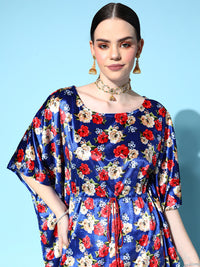 Thumbnail for Lyush Women Royal Blue Floral Velvet High Low Kaftan Dress - Distacart