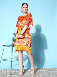 Thumbnail for Lyush Women's Orange Floral Velvet High Low Kaftan Dress - Distacart