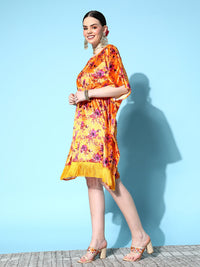 Thumbnail for Lyush Women's Orange Floral Velvet High Low Kaftan Dress - Distacart