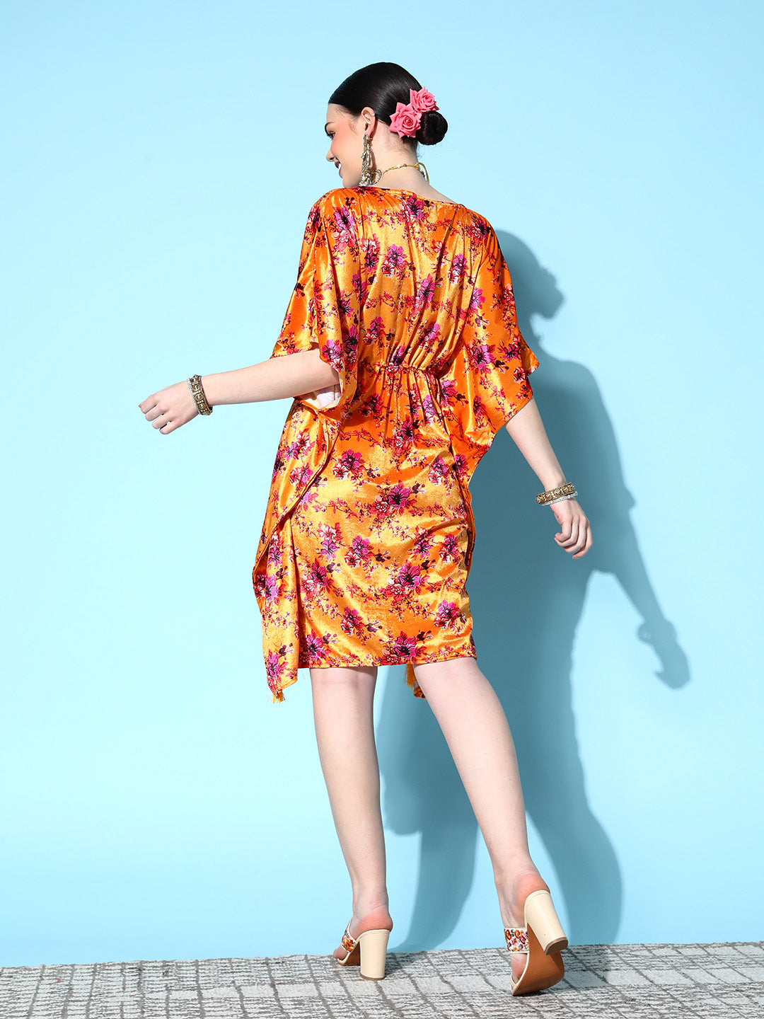 Lyush Women's Orange Floral Velvet High Low Kaftan Dress - Distacart