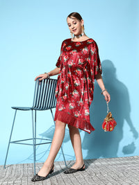 Thumbnail for Lyush Women's Maroon Floral Velvet High Low Kaftan Dress - Distacart