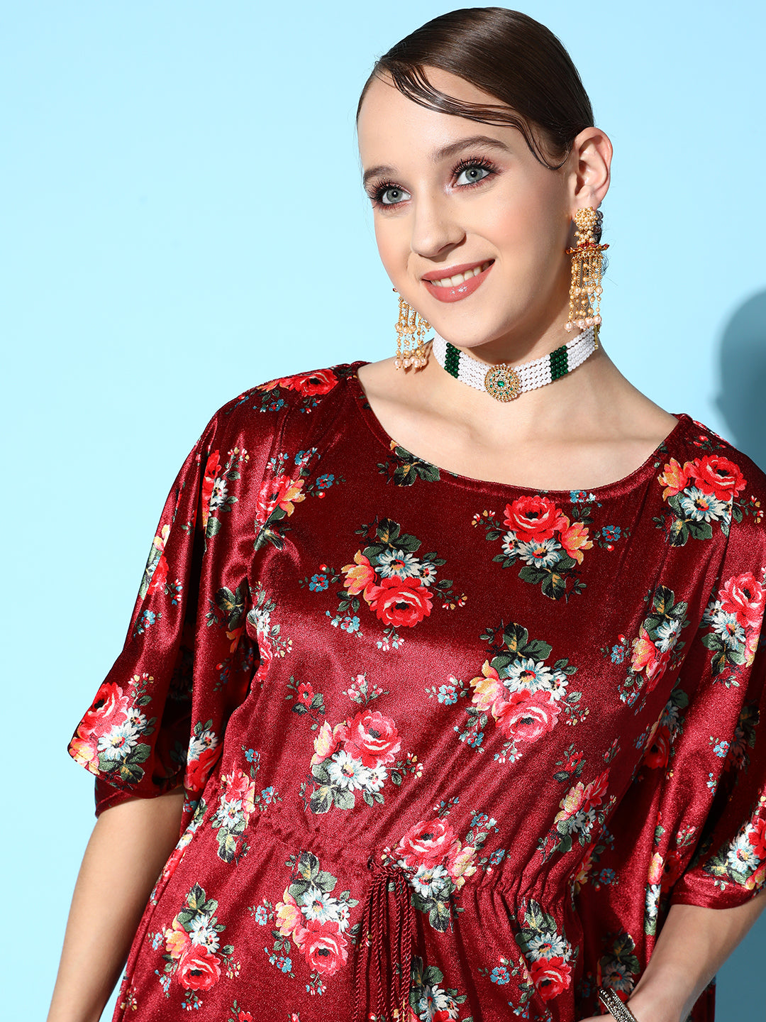 Lyush Women's Maroon Floral Velvet High Low Kaftan Dress - Distacart