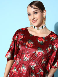 Thumbnail for Lyush Women's Maroon Floral Velvet High Low Kaftan Dress - Distacart