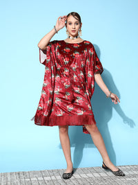 Thumbnail for Lyush Women's Maroon Floral Velvet High Low Kaftan Dress - Distacart