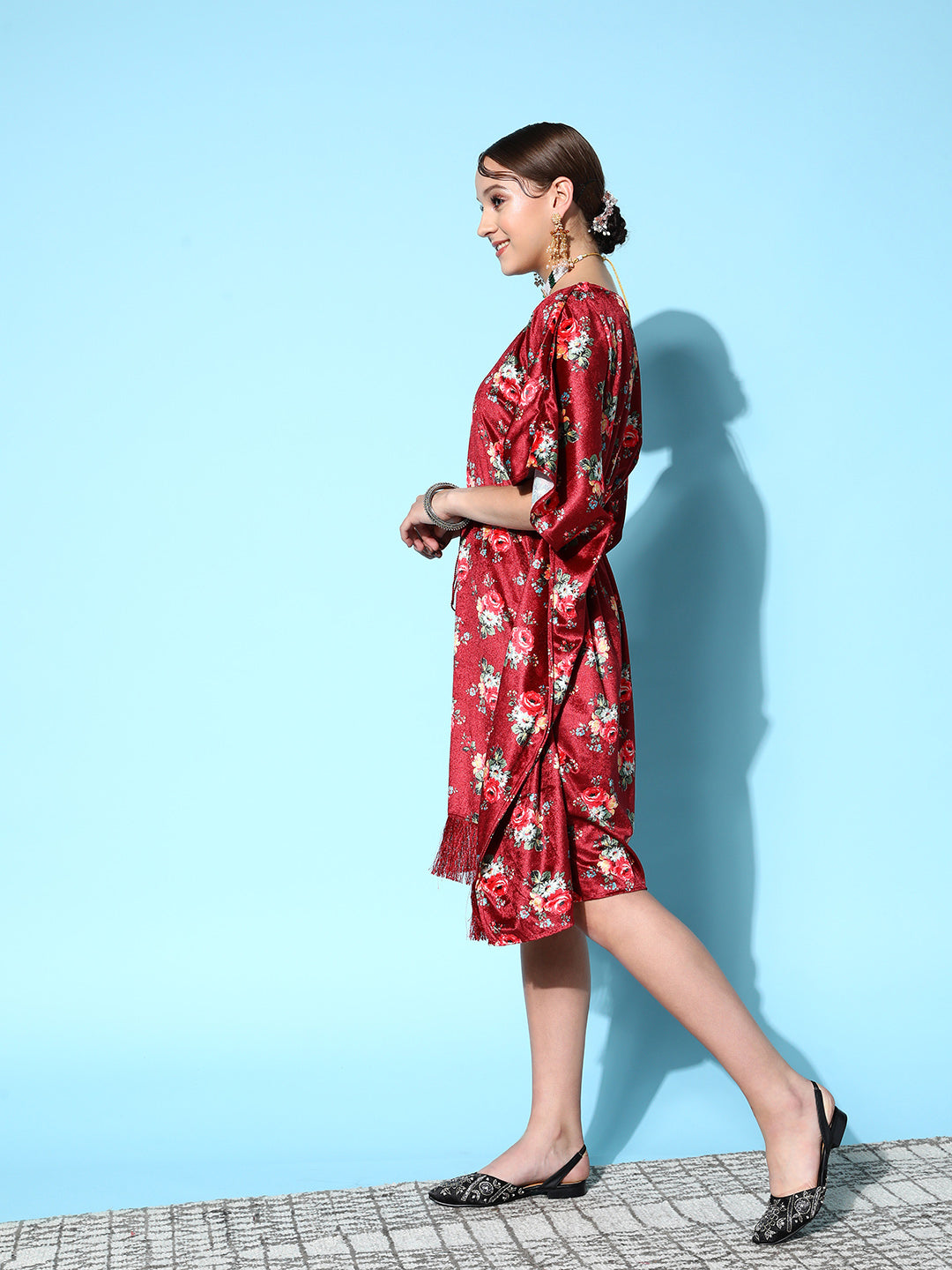 Lyush Women's Maroon Floral Velvet High Low Kaftan Dress - Distacart