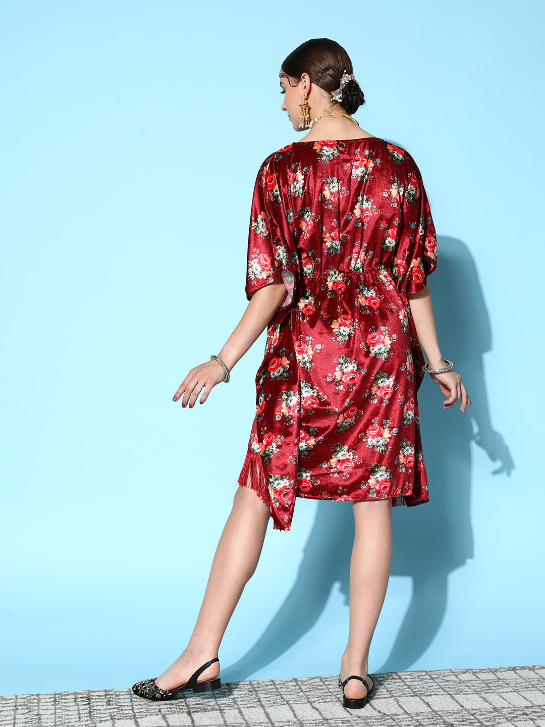 Lyush Women's Maroon Floral Velvet High Low Kaftan Dress - Distacart