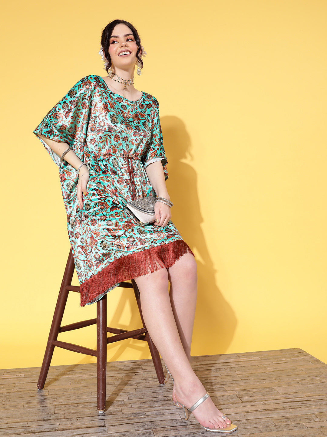 Lyush Women's Sea Green Floral Velvet High Low Kaftan Dress - Distacart
