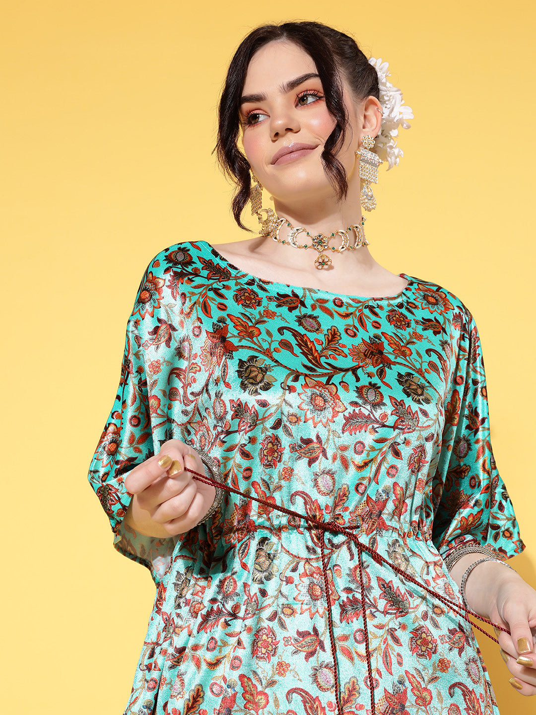 Lyush Women's Sea Green Floral Velvet High Low Kaftan Dress - Distacart