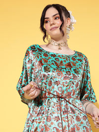 Thumbnail for Lyush Women's Sea Green Floral Velvet High Low Kaftan Dress - Distacart