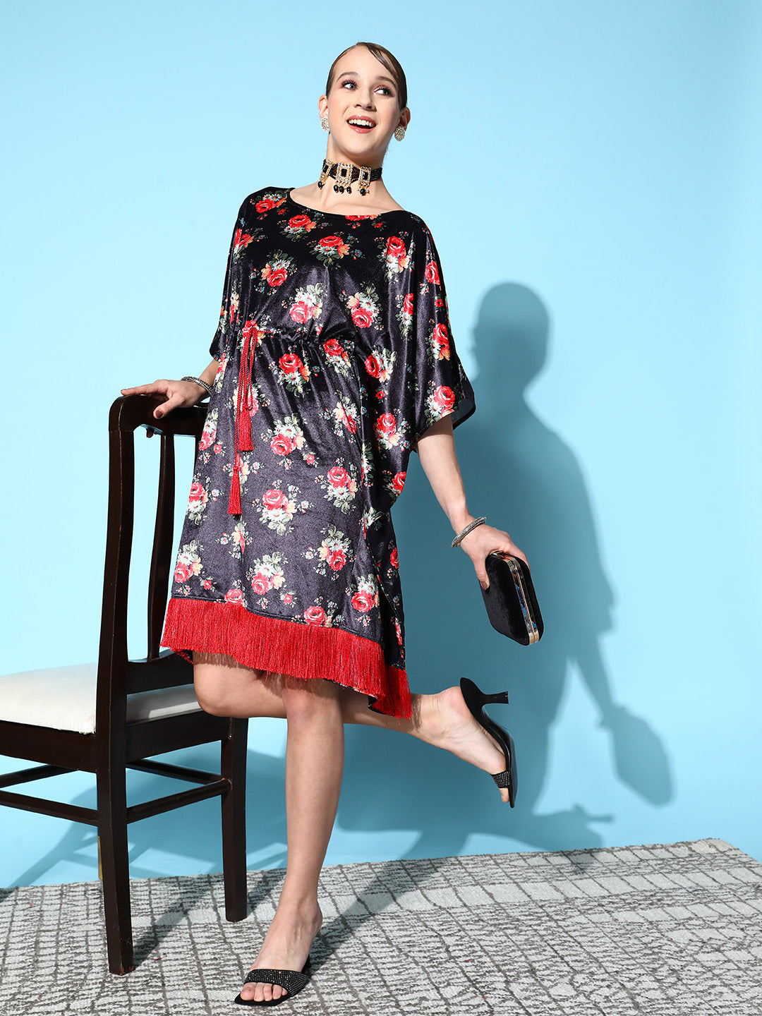 Lyush Women's Navy Floral Velvet High Low Kaftan Dress - Distacart