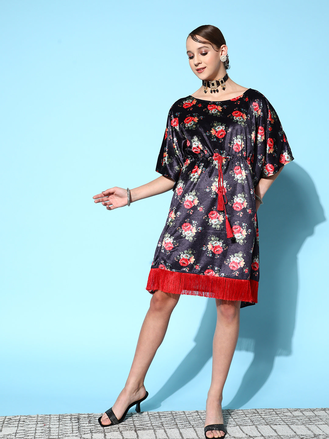 Lyush Women's Navy Floral Velvet High Low Kaftan Dress - Distacart