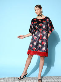 Thumbnail for Lyush Women's Navy Floral Velvet High Low Kaftan Dress - Distacart