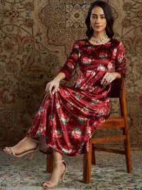 Thumbnail for Lyush Women's Maroon Floral Velvet Printed Anarkali Dress - Distacart