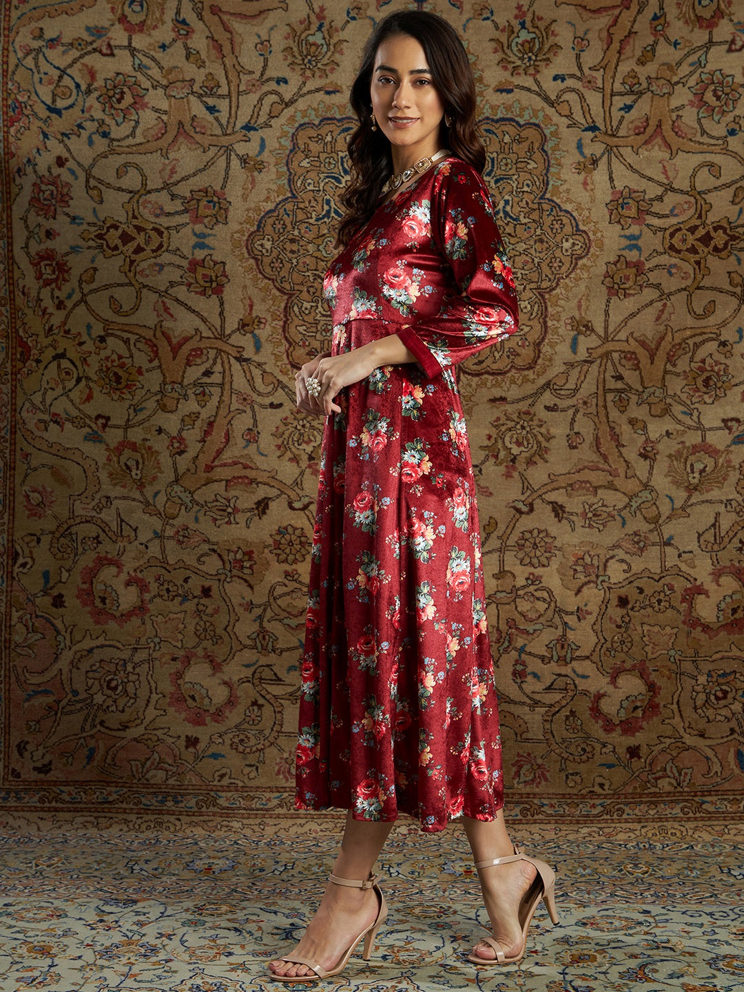 Lyush Women's Maroon Floral Velvet Printed Anarkali Dress - Distacart