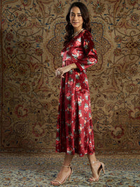 Thumbnail for Lyush Women's Maroon Floral Velvet Printed Anarkali Dress - Distacart