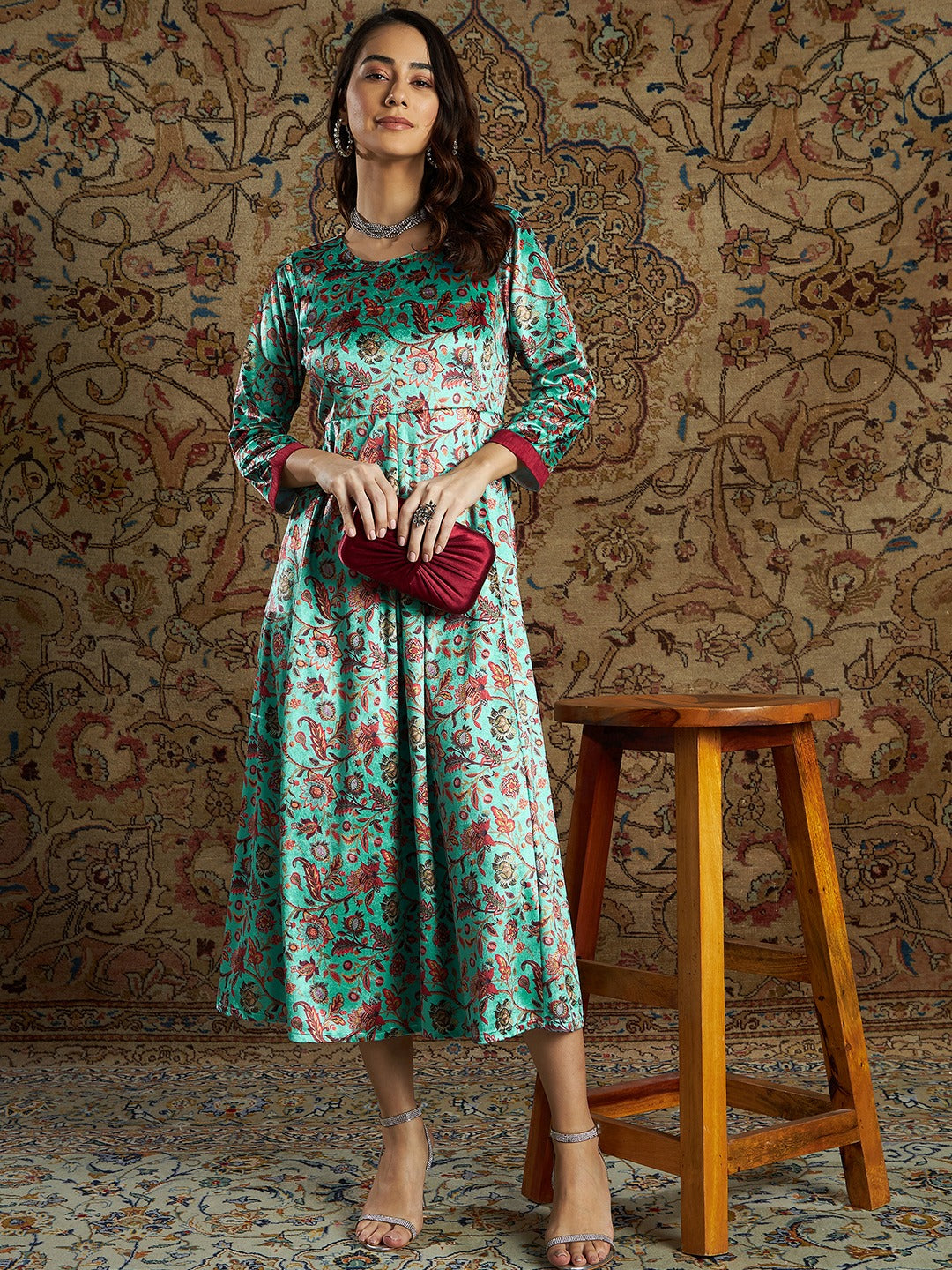 Lyush Women's Sea Green Floral Velvet Printed Anarkali Dress - Distacart