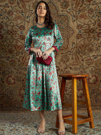 Thumbnail for Lyush Women's Sea Green Floral Velvet Printed Anarkali Dress - Distacart