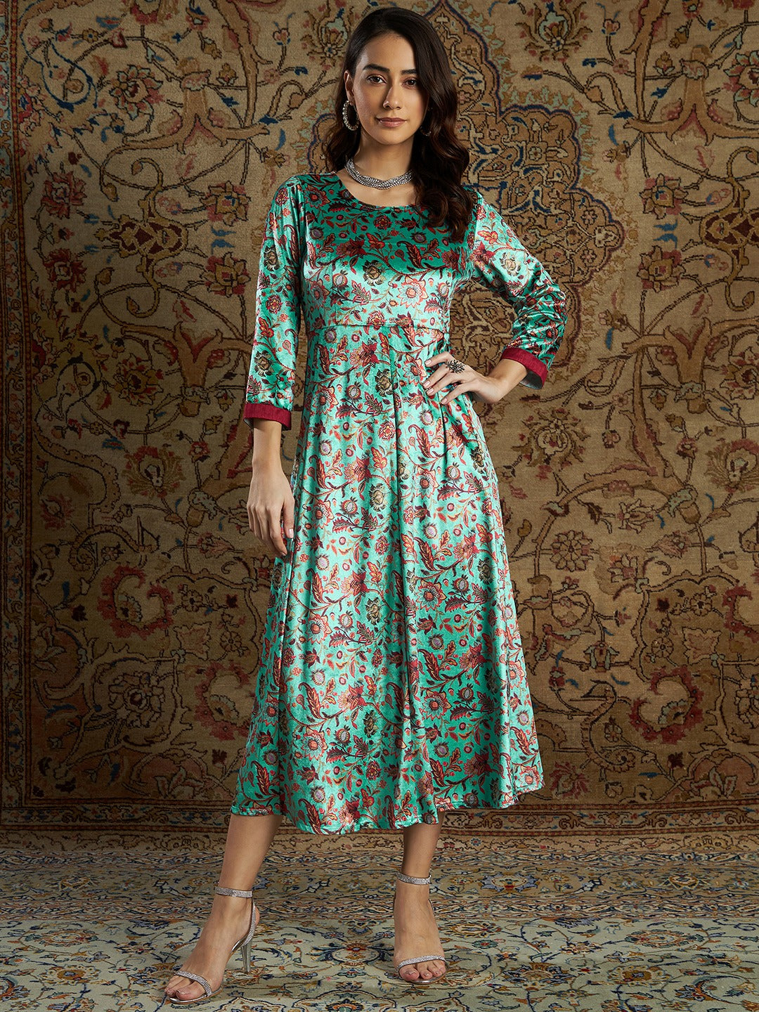 Lyush Women's Sea Green Floral Velvet Printed Anarkali Dress - Distacart