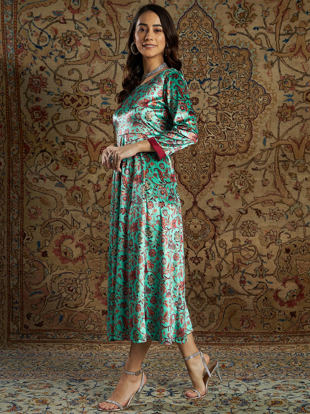 Lyush Women's Sea Green Floral Velvet Printed Anarkali Dress - Distacart