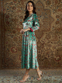 Thumbnail for Lyush Women's Sea Green Floral Velvet Printed Anarkali Dress - Distacart