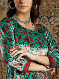 Thumbnail for Lyush Women's Sea Green Floral Velvet Printed Anarkali Dress - Distacart