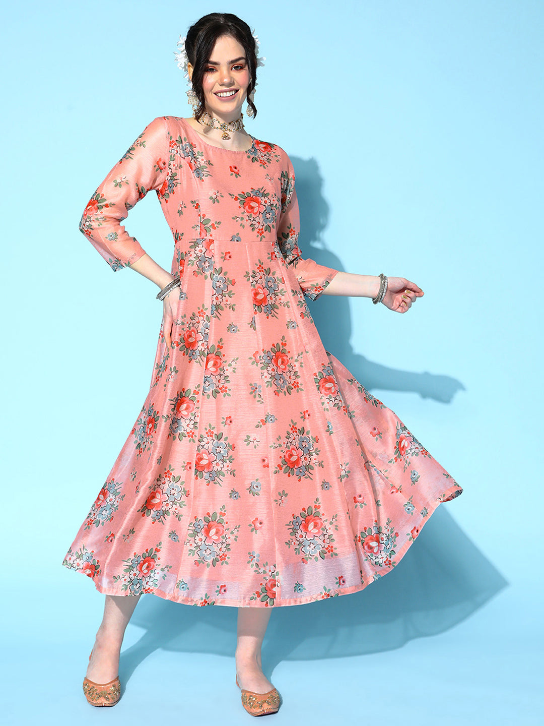 Lyush Women's Peach Floral Anarkali Maxi Dress - Distacart