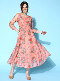 Thumbnail for Lyush Women's Peach Floral Anarkali Maxi Dress - Distacart