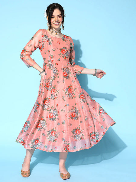 Lyush Women's Peach Floral Anarkali Maxi Dress - Distacart