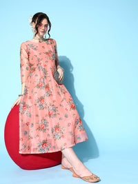 Thumbnail for Lyush Women's Peach Floral Anarkali Maxi Dress - Distacart