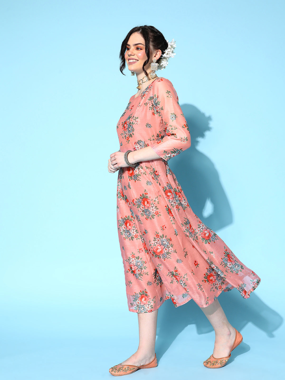 Lyush Women's Peach Floral Anarkali Maxi Dress - Distacart