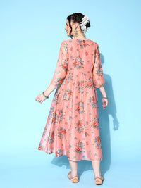 Thumbnail for Lyush Women's Peach Floral Anarkali Maxi Dress - Distacart