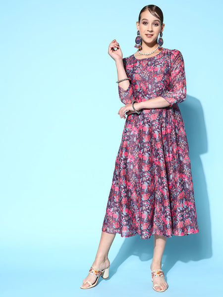 Lyush Women's Purple Floral Anarkali Maxi Dress - Distacart