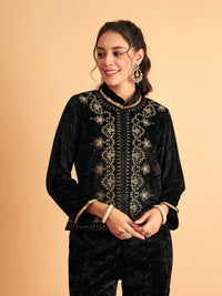 Thumbnail for Lyush Women Black Velvet Front Embroidered Jacket - Distacart