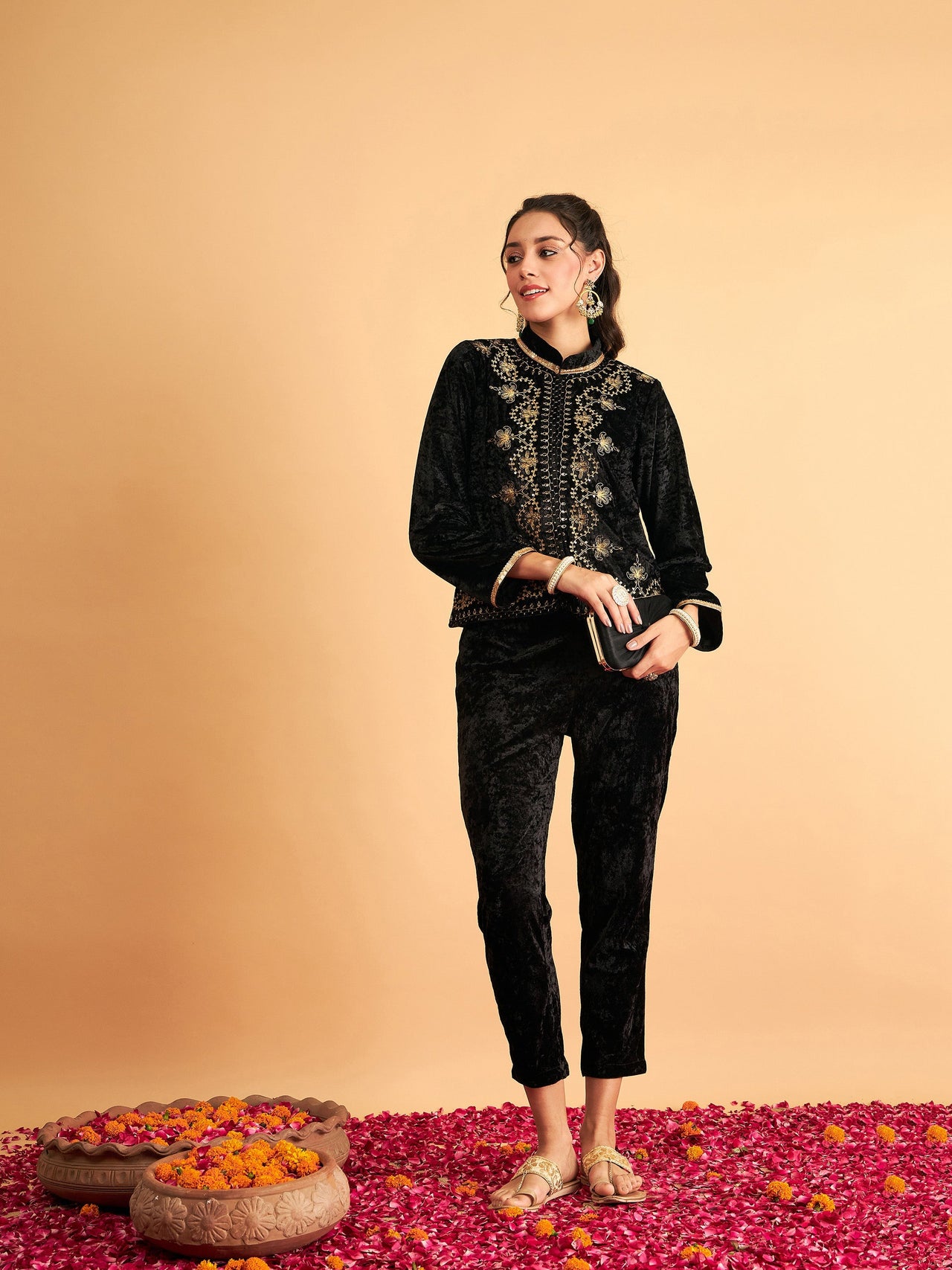 Lyush Women Black Velvet Front Embroidered Jacket - Distacart