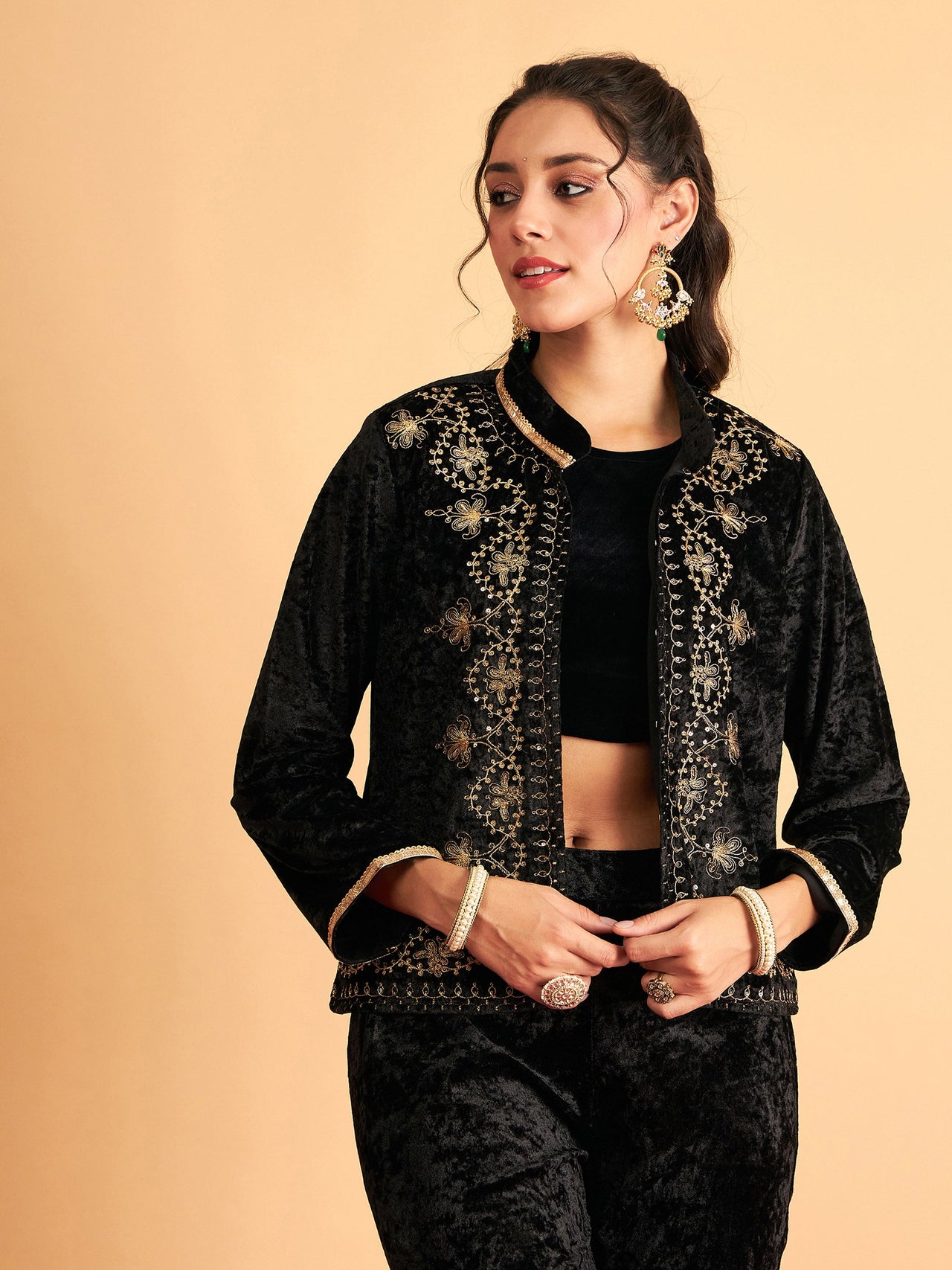 Lyush Women Black Velvet Front Embroidered Jacket - Distacart