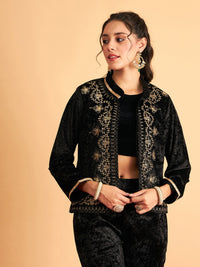 Thumbnail for Lyush Women Black Velvet Front Embroidered Jacket - Distacart