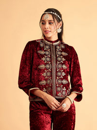 Thumbnail for Lyush Women Maroon Velvet Front Embroidered Jacket - Distacart