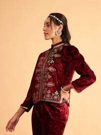 Thumbnail for Lyush Women Maroon Velvet Front Embroidered Jacket - Distacart