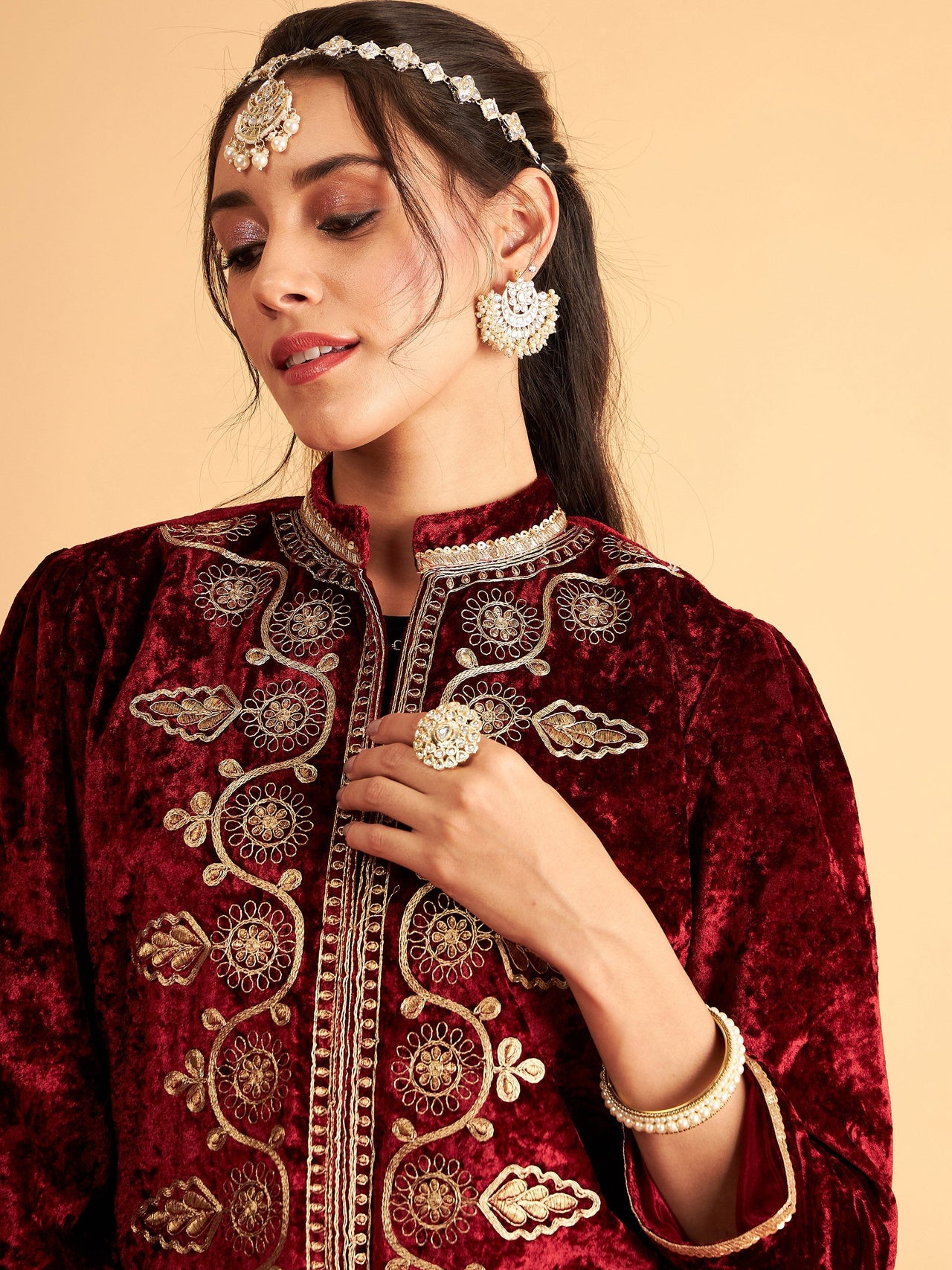 Lyush Women Maroon Velvet Front Embroidered Jacket - Distacart