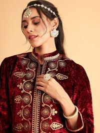 Thumbnail for Lyush Women Maroon Velvet Front Embroidered Jacket - Distacart