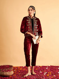 Thumbnail for Lyush Women Maroon Velvet Front Embroidered Jacket - Distacart