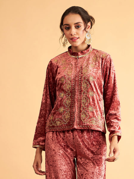 Lyush Women Pink Velvet Front Embroidered Jacket - Distacart