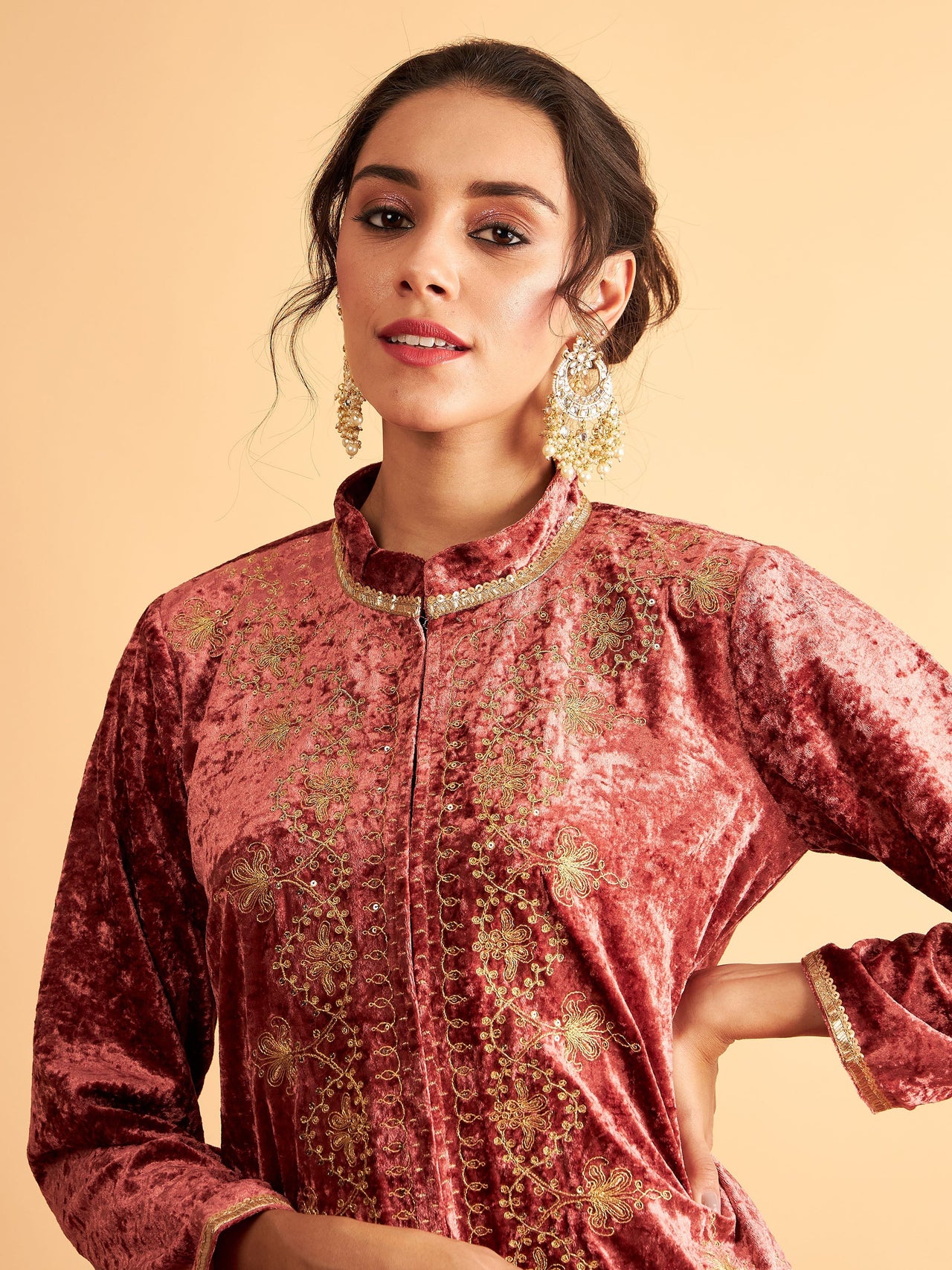 Lyush Women Pink Velvet Front Embroidered Jacket - Distacart