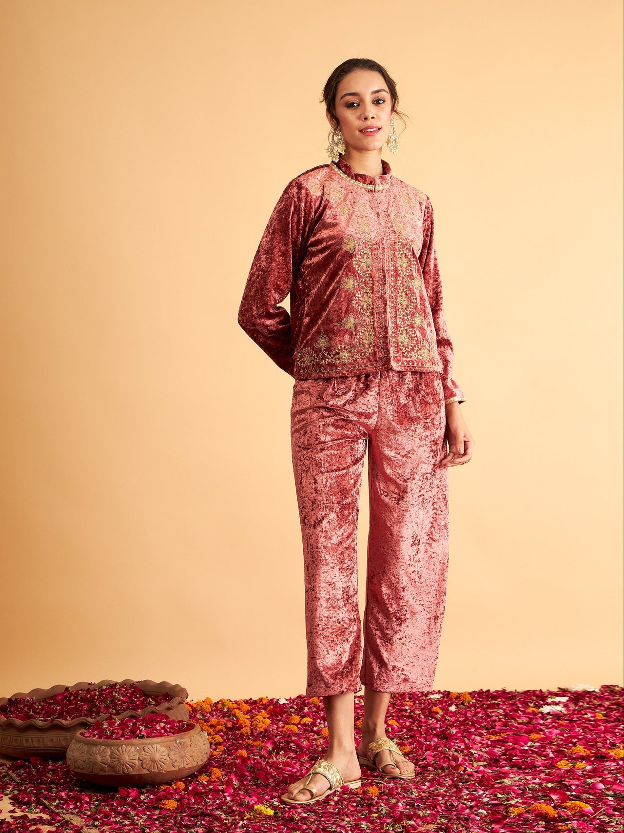 Lyush Women Pink Velvet Front Embroidered Jacket - Distacart