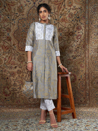 Thumbnail for Lyush Women's Grey Brocade Floral Kurta With White Brocade Pants - Distacart