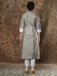 Thumbnail for Lyush Women's Grey Brocade Floral Kurta With White Brocade Pants - Distacart