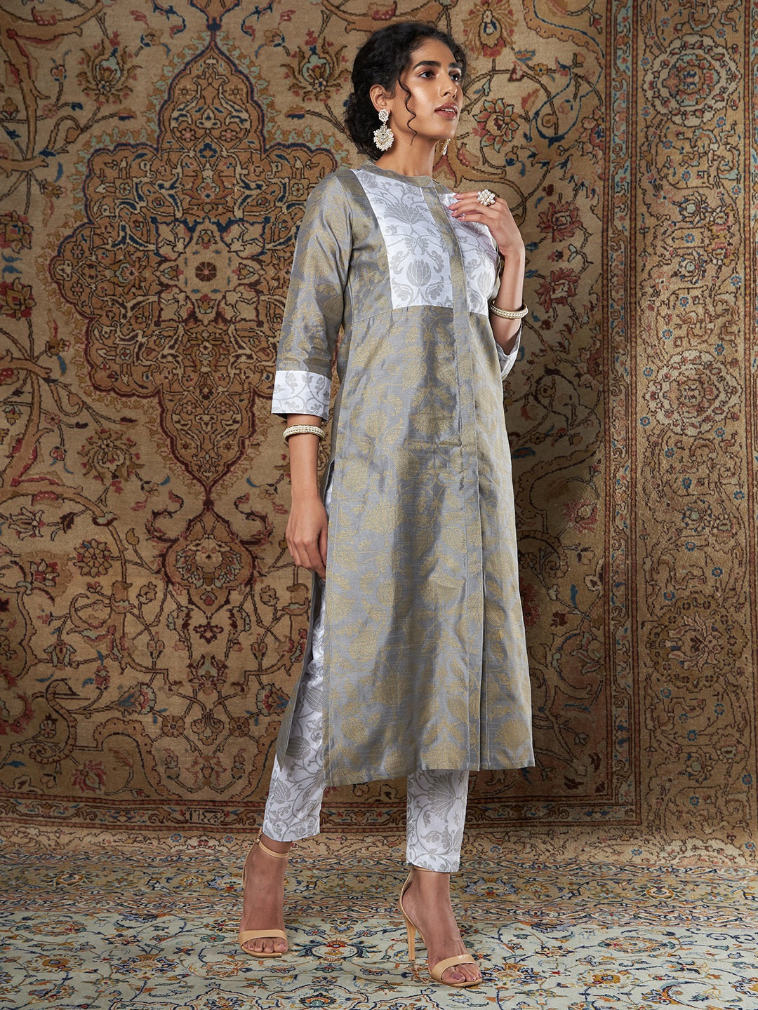Lyush Women's Grey Brocade Floral Kurta With White Brocade Pants - Distacart