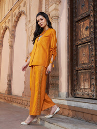 Thumbnail for Lyush Women Mustard Ruched Sleeve Top With Embroidered Pants - Distacart